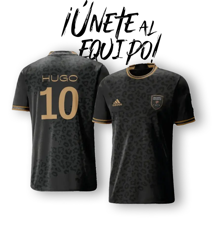 Playeras oficiales de Jaguares Negros FC con el texto ¡Únete al equipo!
